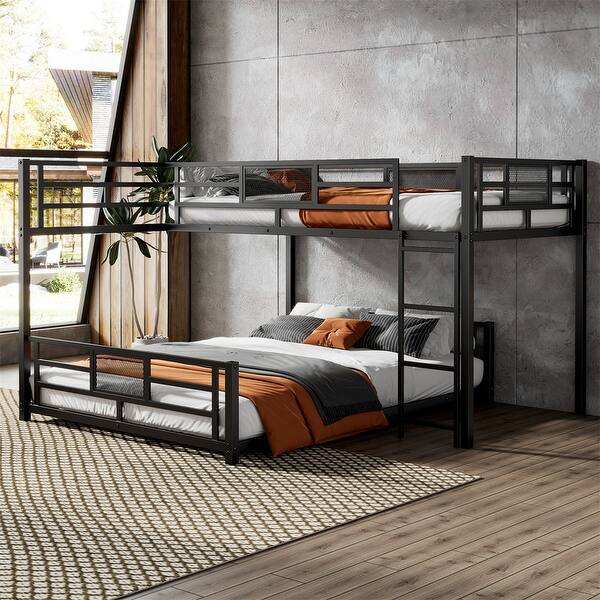 slide 2 of 28, L-Shaped Metal Bunk Bed with Ladder and Guardrails, Twin Over Full Size Heavy Duty Bunk Bedframe with Slats Support Black