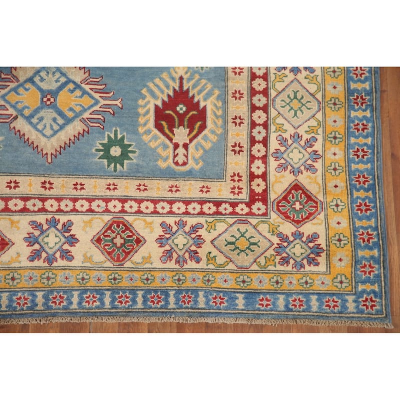 Hand Knotted Oriental 100% Wool Carpet Traditional Geometric Navy Blue & Blues Kazak Area Rug - 9' 6'' X 6' 6''