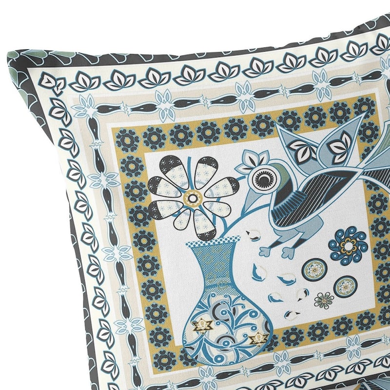 HomeRoots Set of Two 16" X 16" Black and White Peacock Blown Seam Floral Indoor Outdoor Throw Pillow - 16.00' X '16.00' X '5.00