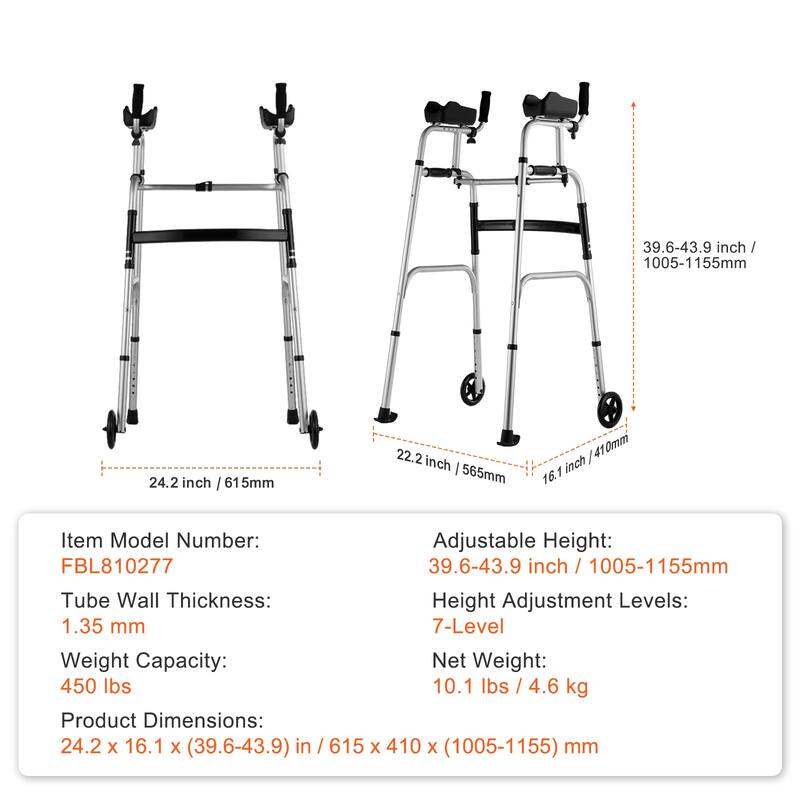 2 in 1 Folding Walker & Removable Armrests, Height Adjustable Foldable Walker with 5" Solid Wheels, Lightweight Aluminum
