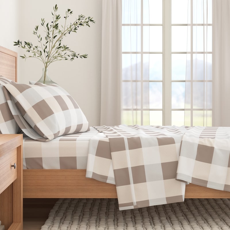 Linery & Co. Turkish Cotton Double-Brushed Printed Flannel Bed Sheet Set - Full - Buffalo Check - Taupe / Grey