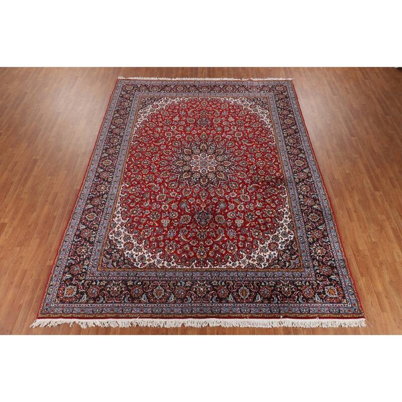 Red Floral / Traditional Kashan Turkish Rug Machine-Made Carpet - 9'7" x 12'10"