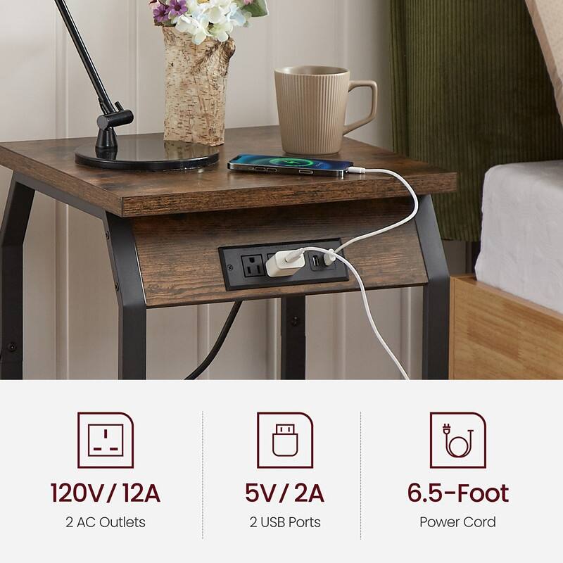 Rustic Side Table End Tables with USB Ports and Sockets, Set of 2 Bed