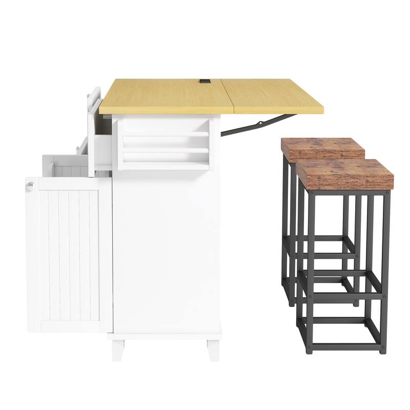 Roomfitters Farmhouse Kitchen Island Cart with Drop Leaf and 2 Stools, Power Outlet and Storage