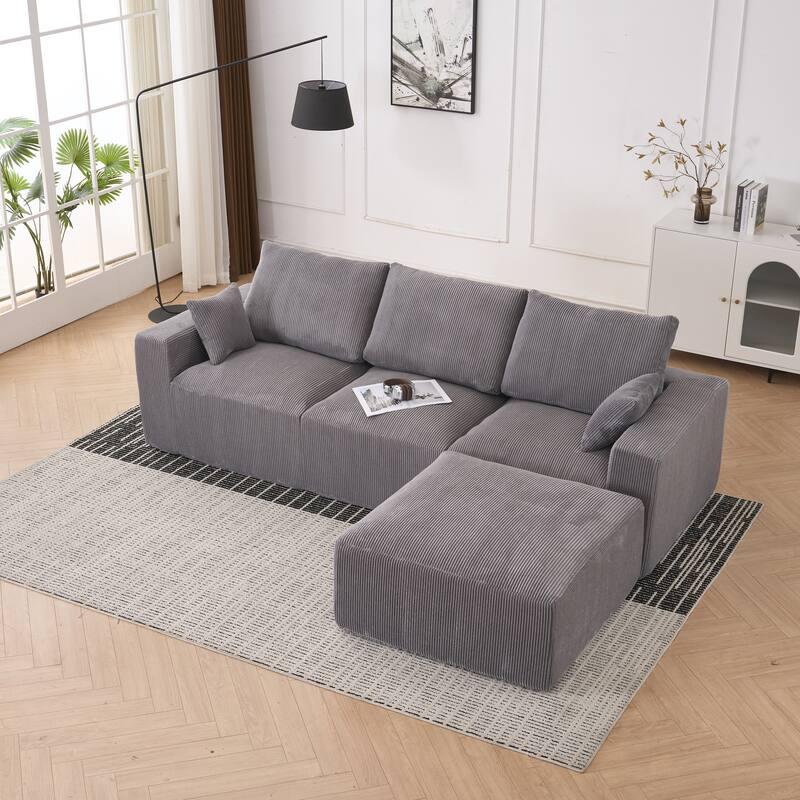 Corduroy Modular Chaise Lounge Couch L-shaped Sectional Sofa with Ottoman and Cushions Back, Full Foam Convertible 3 Seater Sofa