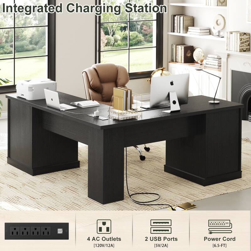 French Country L Shaped Desk with Charging Station, Office Computer Table with File Cabinet