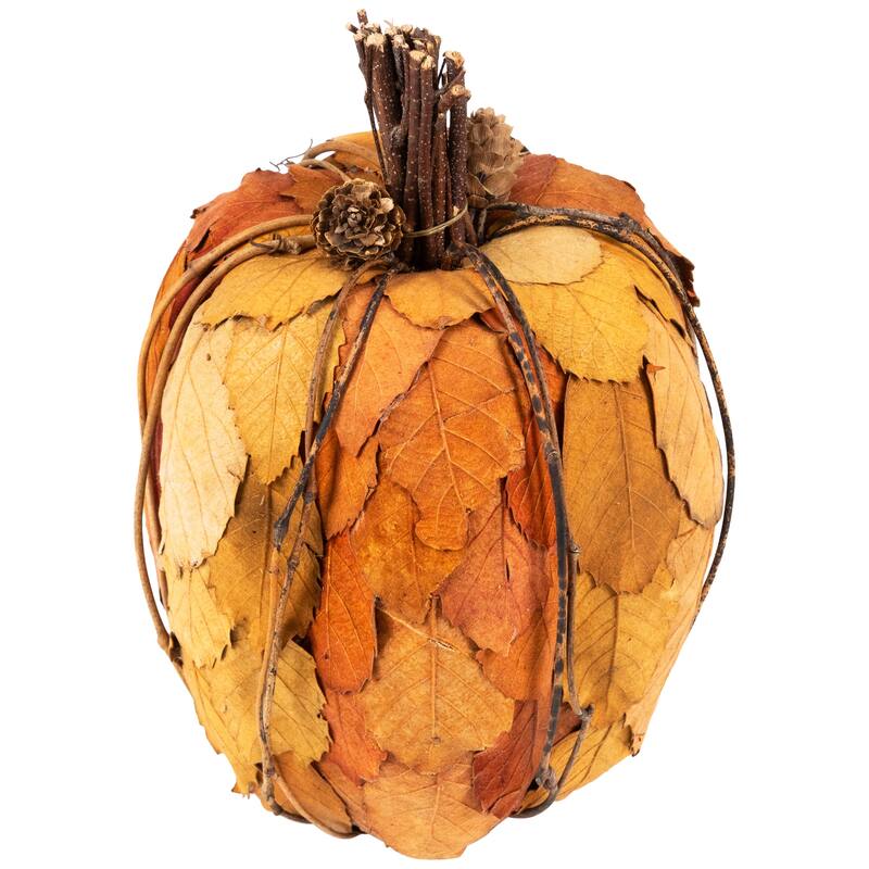 Fall Harvest Pumpkin with Layered Leaves and Pinecones - 9.75" - Orange and Brown