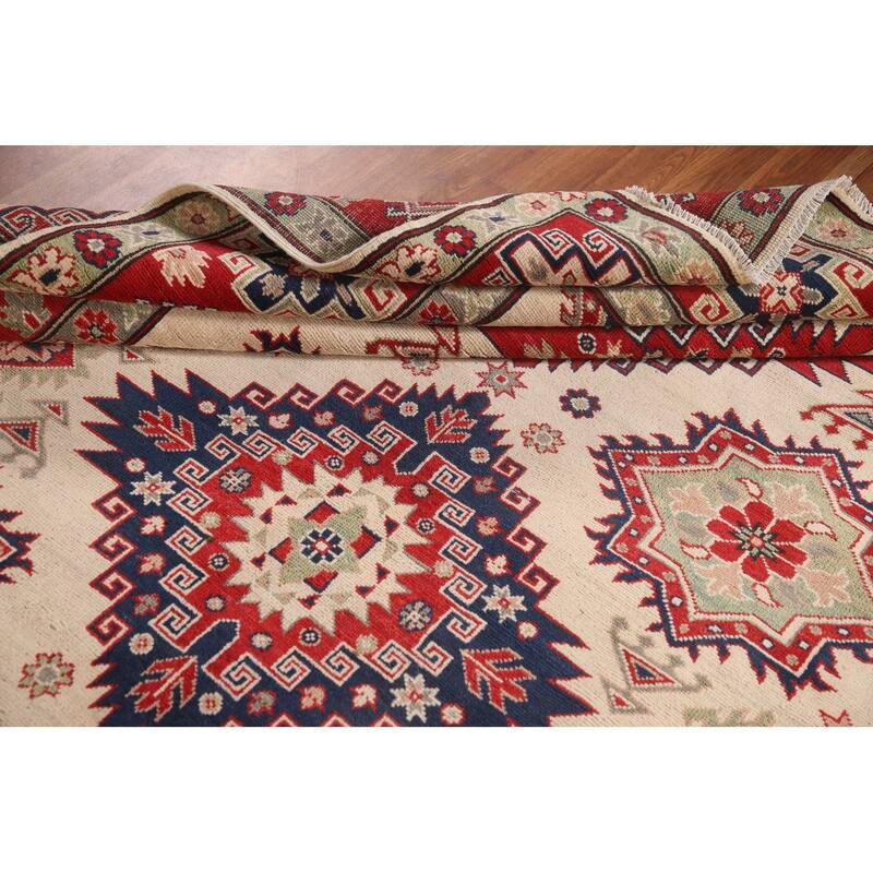 Geometric Kazak Area Rug Hand-Knotted Living Room Wool Carpet - 6'11" x 9'9"
