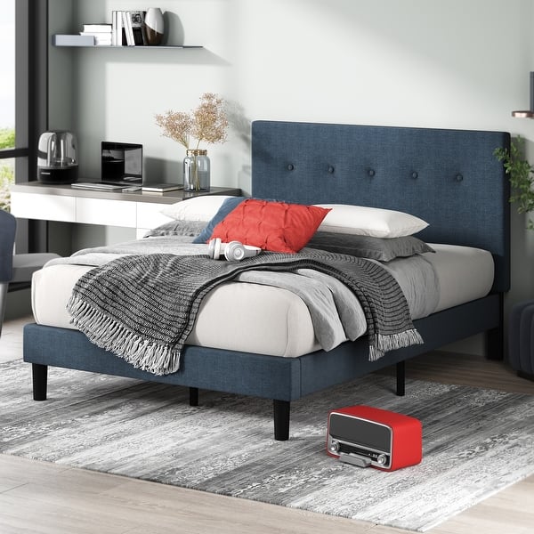 Priage by ZINUS Navy Upholstered Button Tufted Platform Bed Frame On