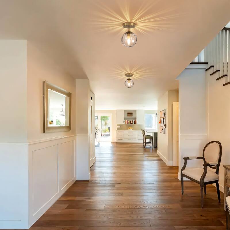 Modern Single Semi Flush Ceiling Light with Metal Base & Ribbed Gray Glass Globe Shade