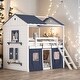 preview thumbnail 1 of 36, Playhouse Design Impression & Beautiful Full Size Bunk Wood House Bed with Elegant Windows, Sills and Tent White+Blue