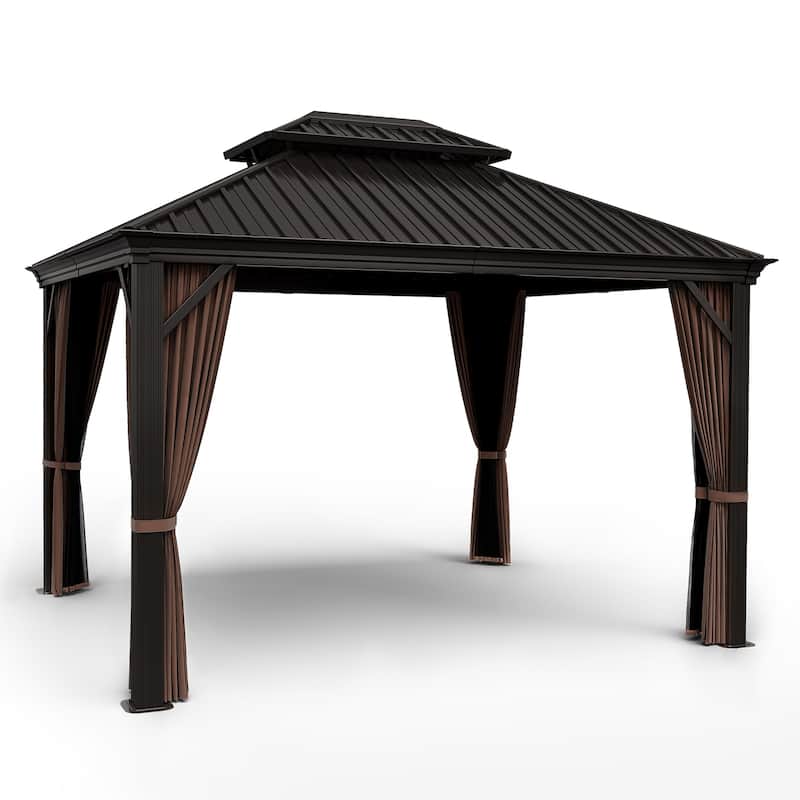 12x10ft Outdoor Double-Roof Aluminum Gazebo with Curtains and Mosquito Netting