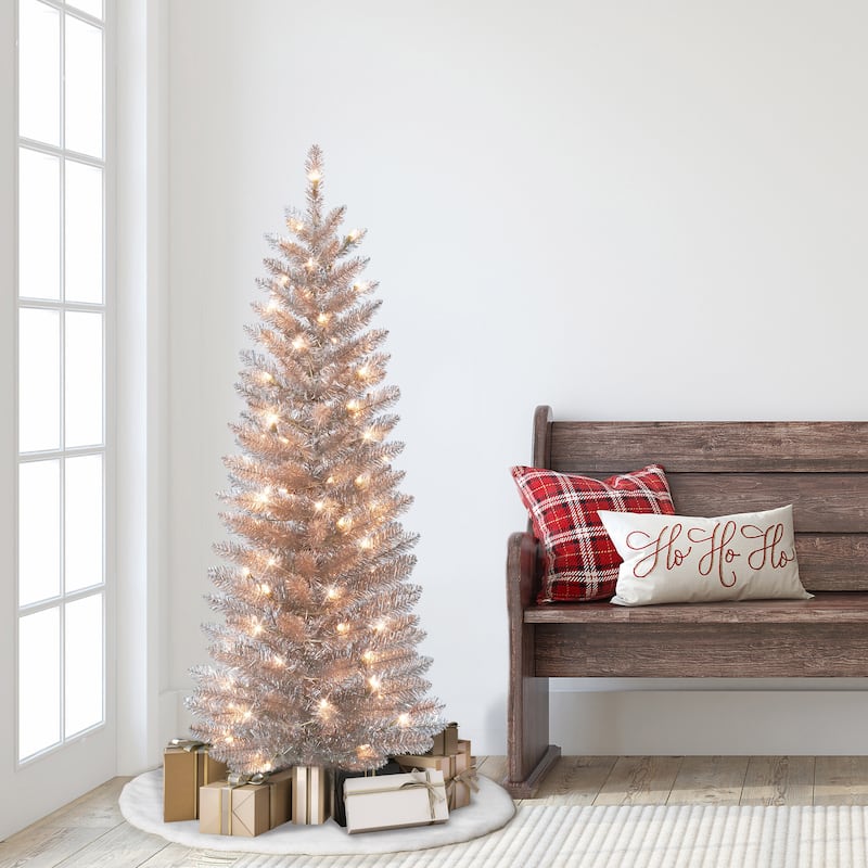 Puleo International 4.5 ft. Pre-Lit Rose Gold Tinsel Artificial
