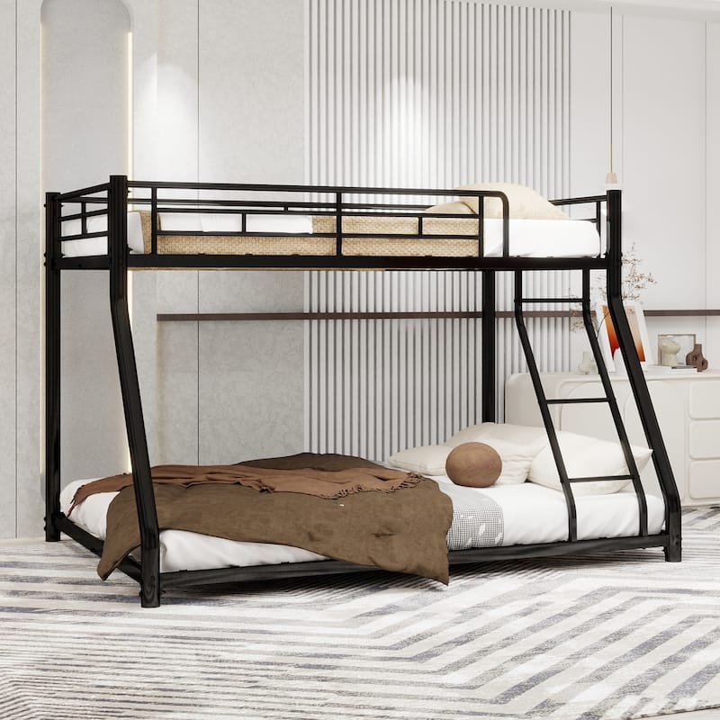 Twin Over Full Metal Bunk Bed, Heavy Duty Metal Bunk Bed Frame, with Ladder & Full-Length Guardrail, Noise Free