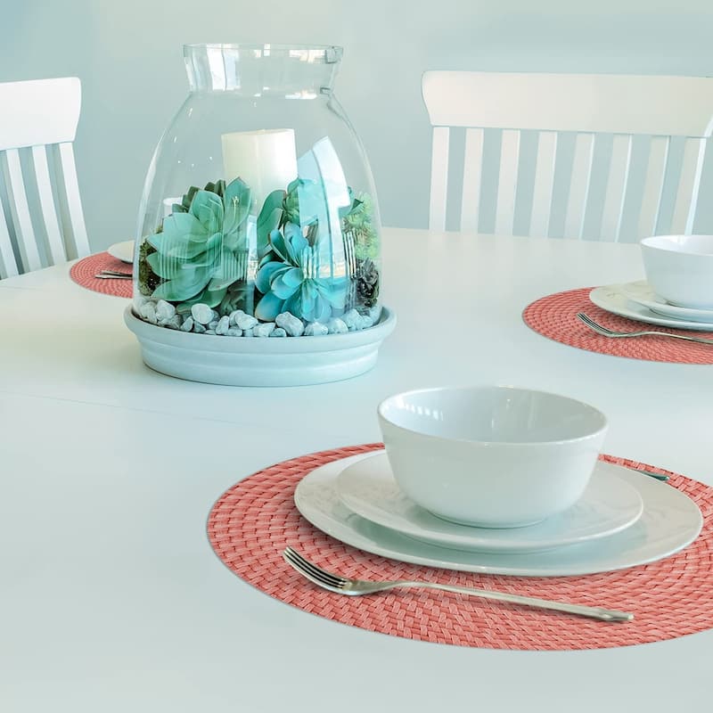 CounterArt Coral and Natural Basket Weave Design Round Reversible Easy Care Plastic Placemat Set of 4 Made in The USA