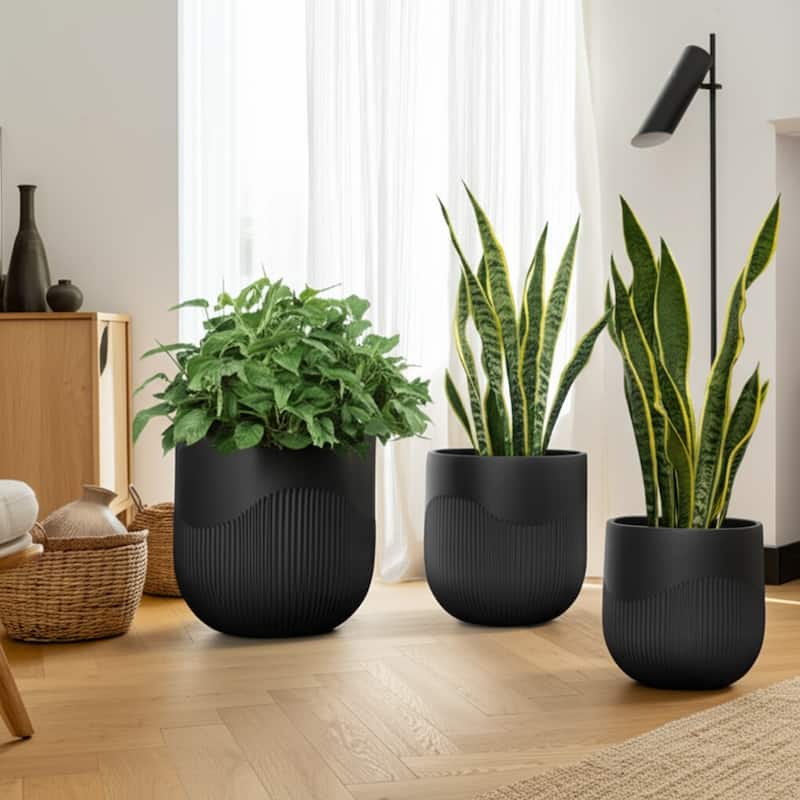 Polyresin Planter Carved Sculptural Design Minimalist Style (Set of 3) - 18.01" x 18" x 16.01" - Black