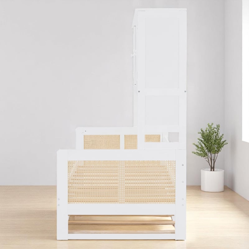 Wooden Twin/Full Daybed with Trundle Bed, Storage Shelves and Cabinet, No Box Spring Required, Rattan Design