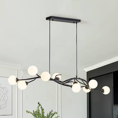 Contemporary 10-Light Branch Frosted Glass Globe Island Chandelier - Matte Black