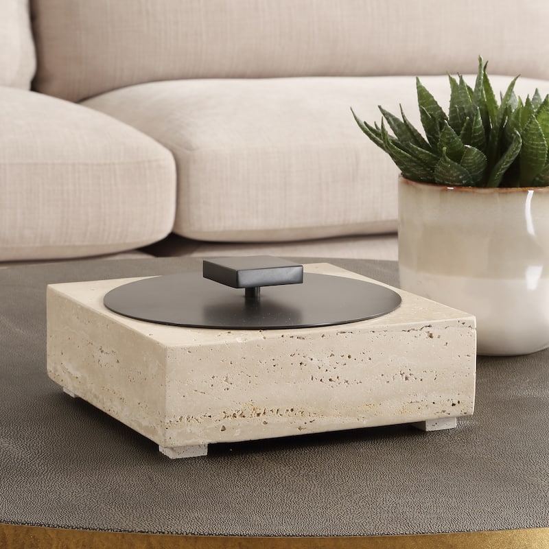 Travertine Stone Square Accent Box with Lid - 10" - Beige and Brown
