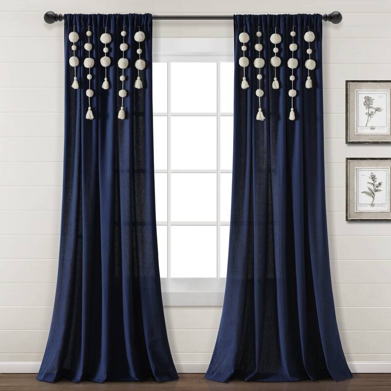 Lush Decor Boho Pom Pom Tassel Linen Window Curtain Panel (Single) - 52"W x 84"L - Navy
