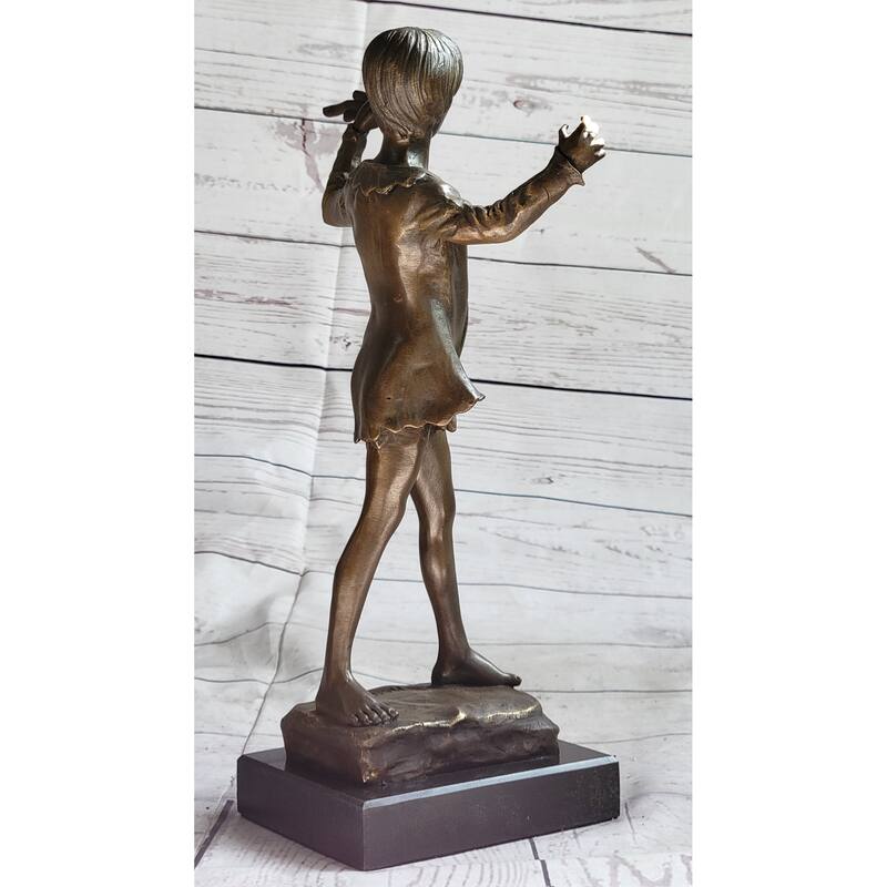 Young Boy Child Musician With Pan Flute Bronze Metal Figure Statue Sculpture On Marble Base