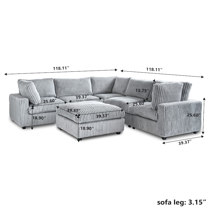 118" Modular V Shaped Sectional Couches with Ottoman, Removable Covers, Grey