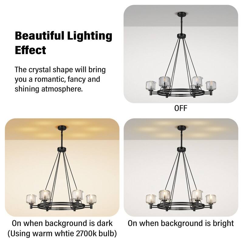 KAYLA 36 in. 6-Light Gold Farmhouse Wagon Wheel Chandelier with Crystal Lampshade
