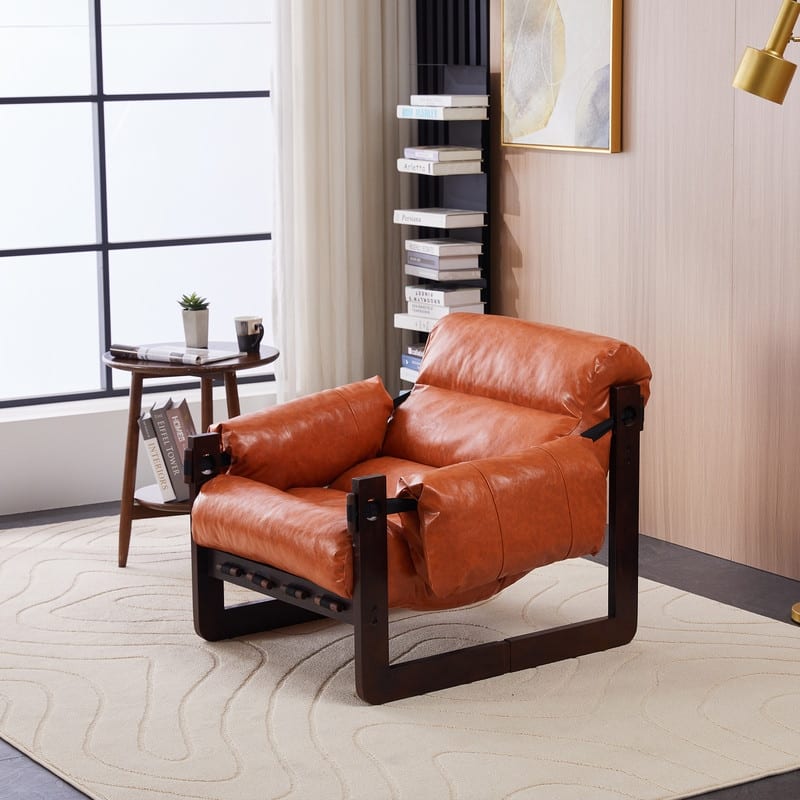 Vintage Orange Medieval Modern Lounge Chair - Removable Armrests, Waxed Leather & Rubberwood Frame