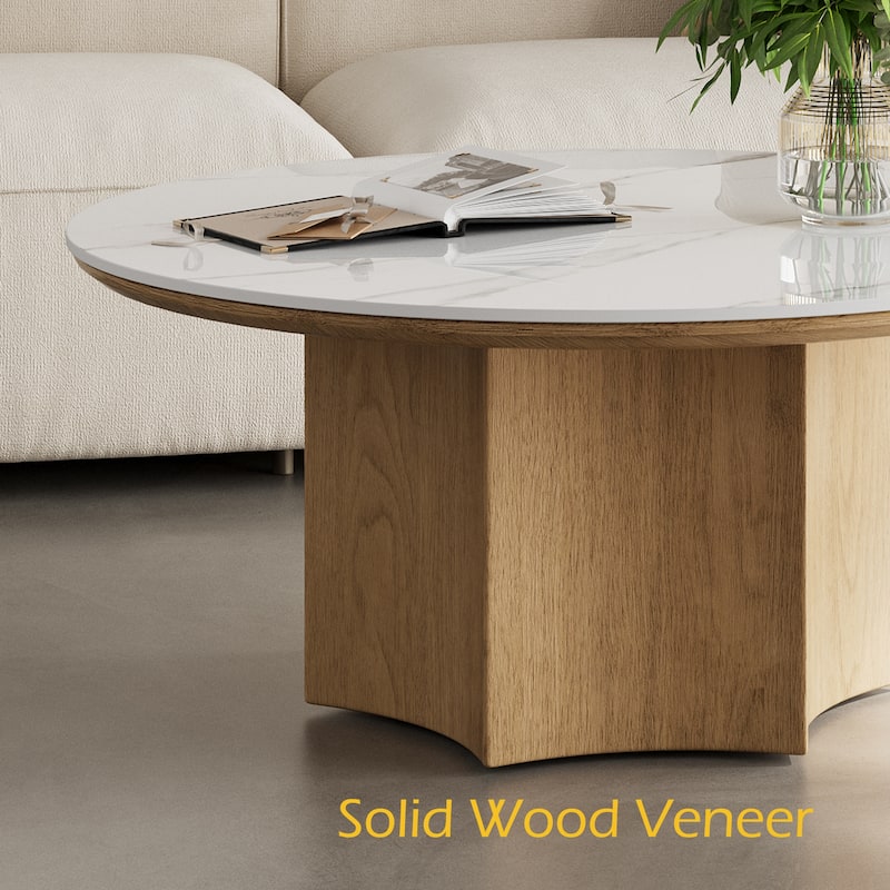 Mid-century Modern Coffee Table,35.43" With White Sintered Stone Table Top, Solid Wood Legs