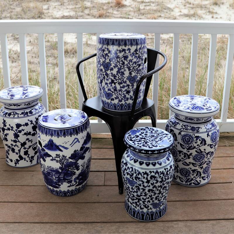 Euro Ceramica Blue Garden Porcelain 16" Decorative Landscape Stool - 10.75 x 10.75 x 16