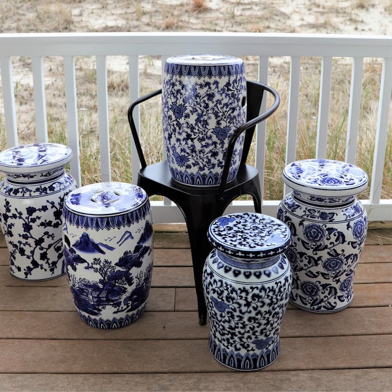 Euro Ceramica Blue Garden Porcelain Decorative Lotus Podium Stool