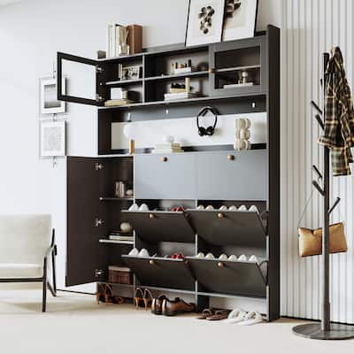 Roomfitters Multifunctional Tipping Bucket Shoe Cabinet with Storage Shelf, Large Hall Tree with 6 Flip Compartments