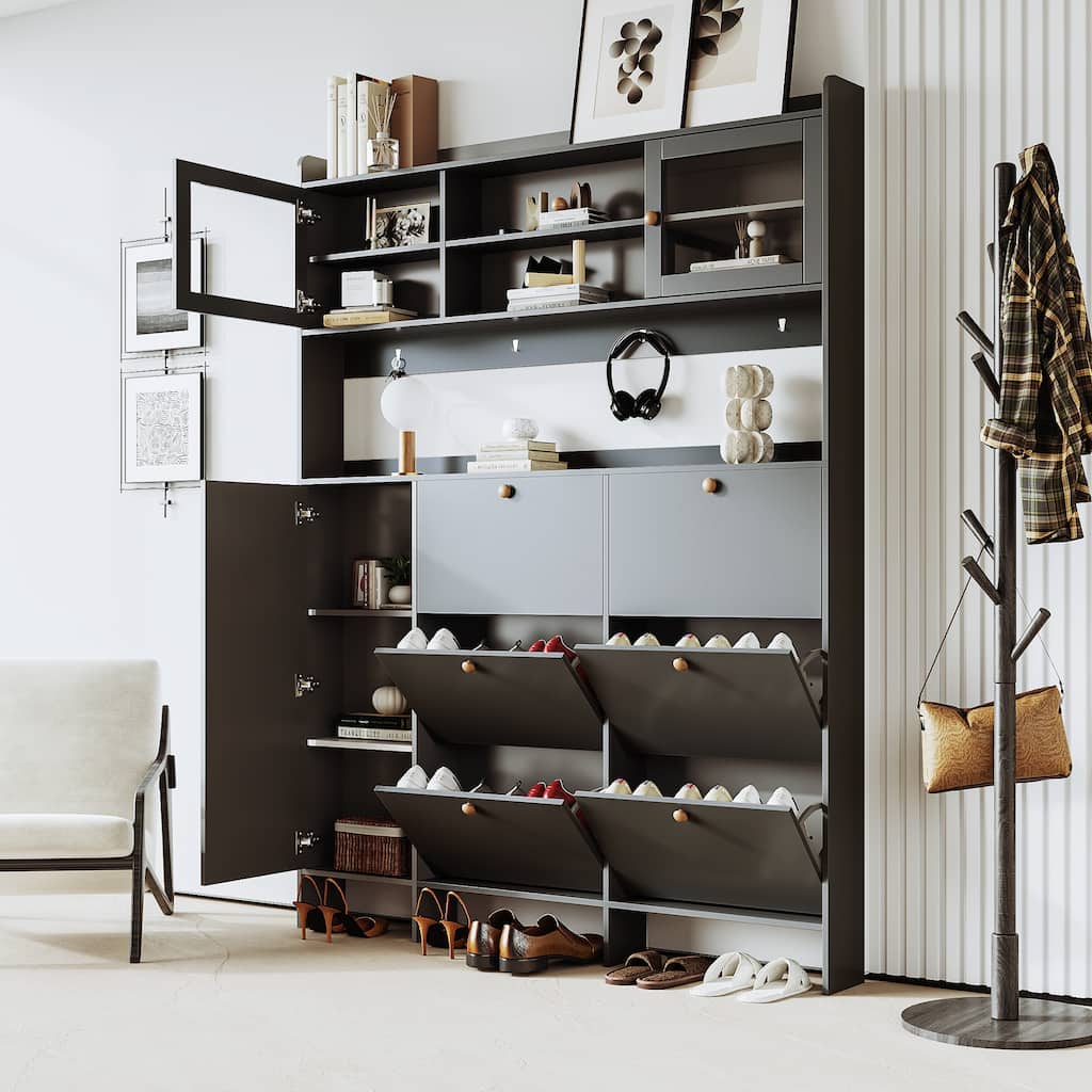 Sophisticated Shoe Cabinet with 6 Flip Drawers, 4 Hooks, Glass Doors