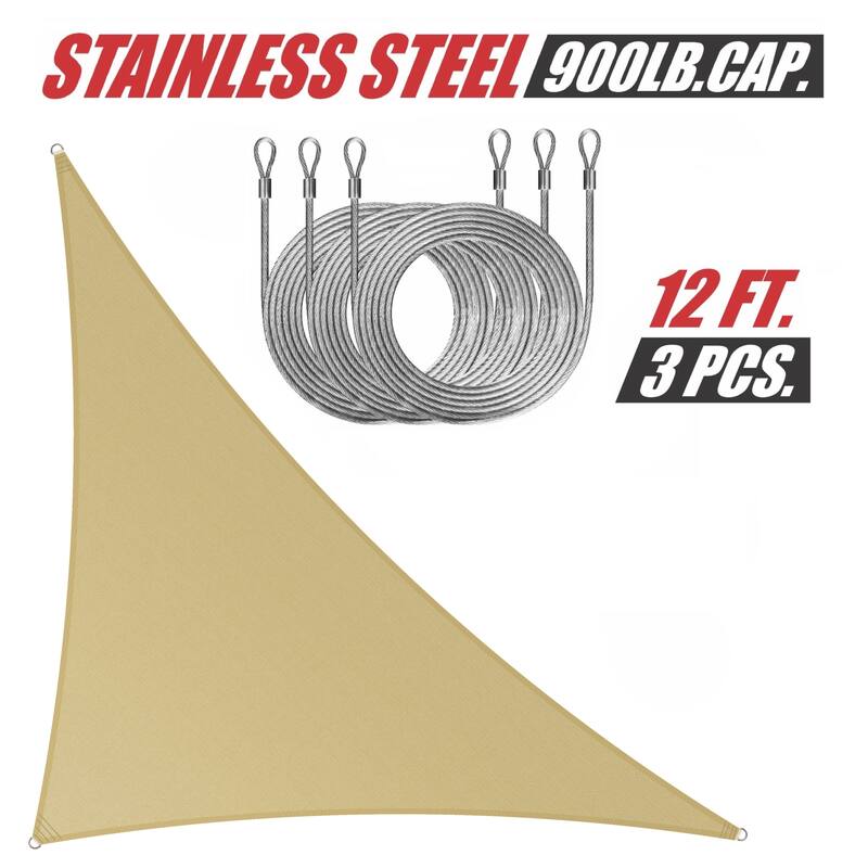 ColourTreeUSA Right Triangle Sun Shade Sail w/Cable Ropes HDPE Mesh Fabric Screen Canopy UV Block 190 GSM - 10' x 10' x 14' - Sand Beige