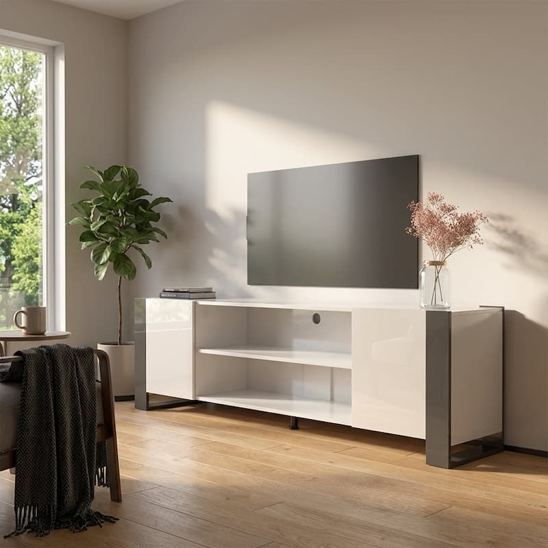 Meble Furniture Woody EF 77" Electric Fireplace TV Stand with High Gloss Finish & Storage - for up to 85" TVs