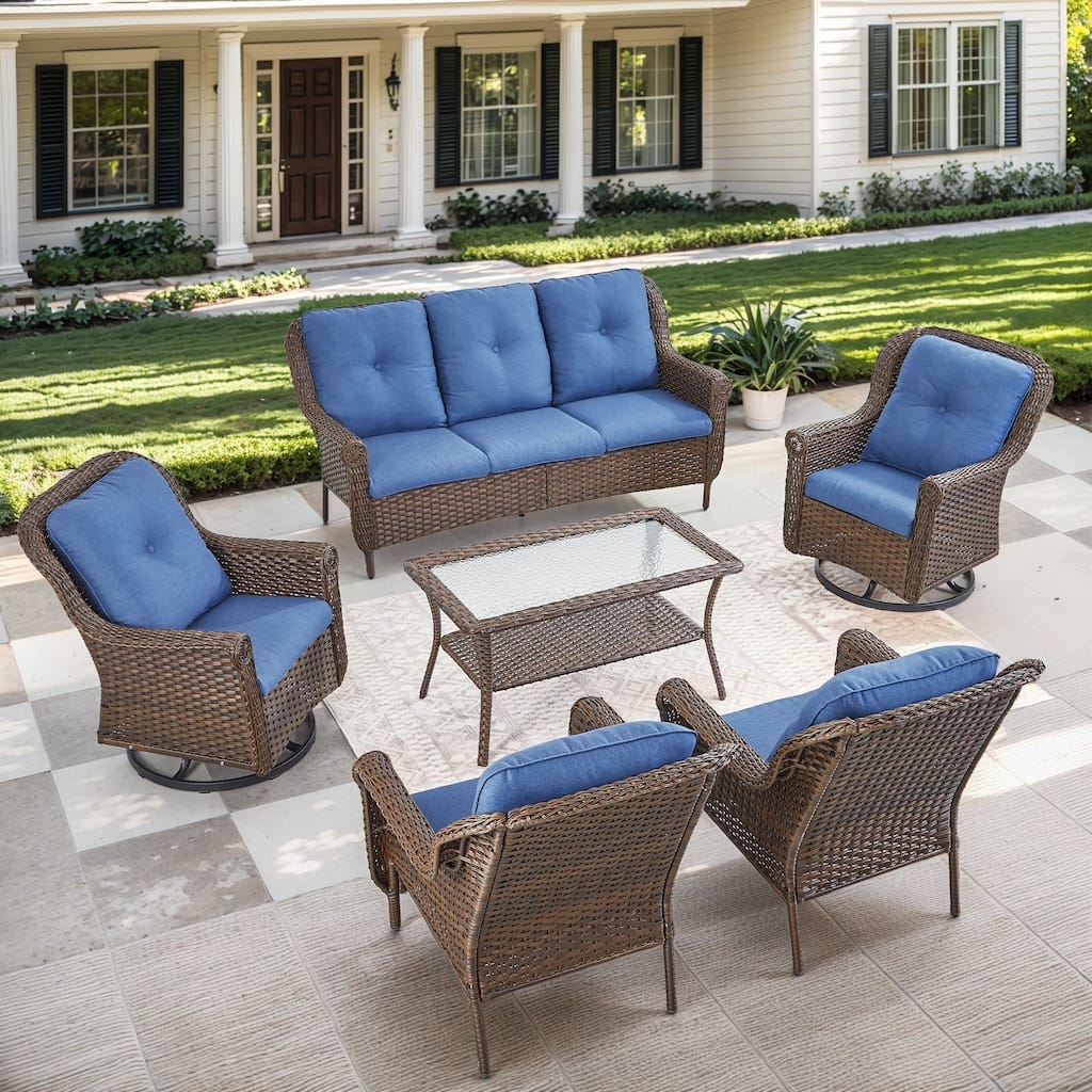 Outside Swivel Chiar Sofa Arm Chair Table Set Brown - Blue
