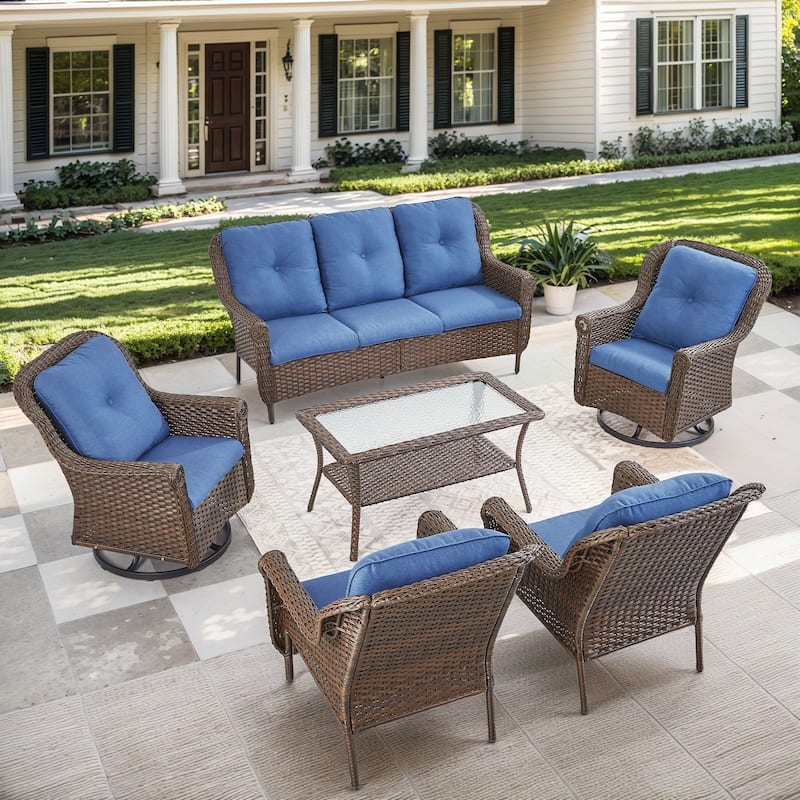 Pocassy Wicker Patio Conversation Set for Backyard - Blue Cushion - 6PCS Sofa with Patio Chair Table