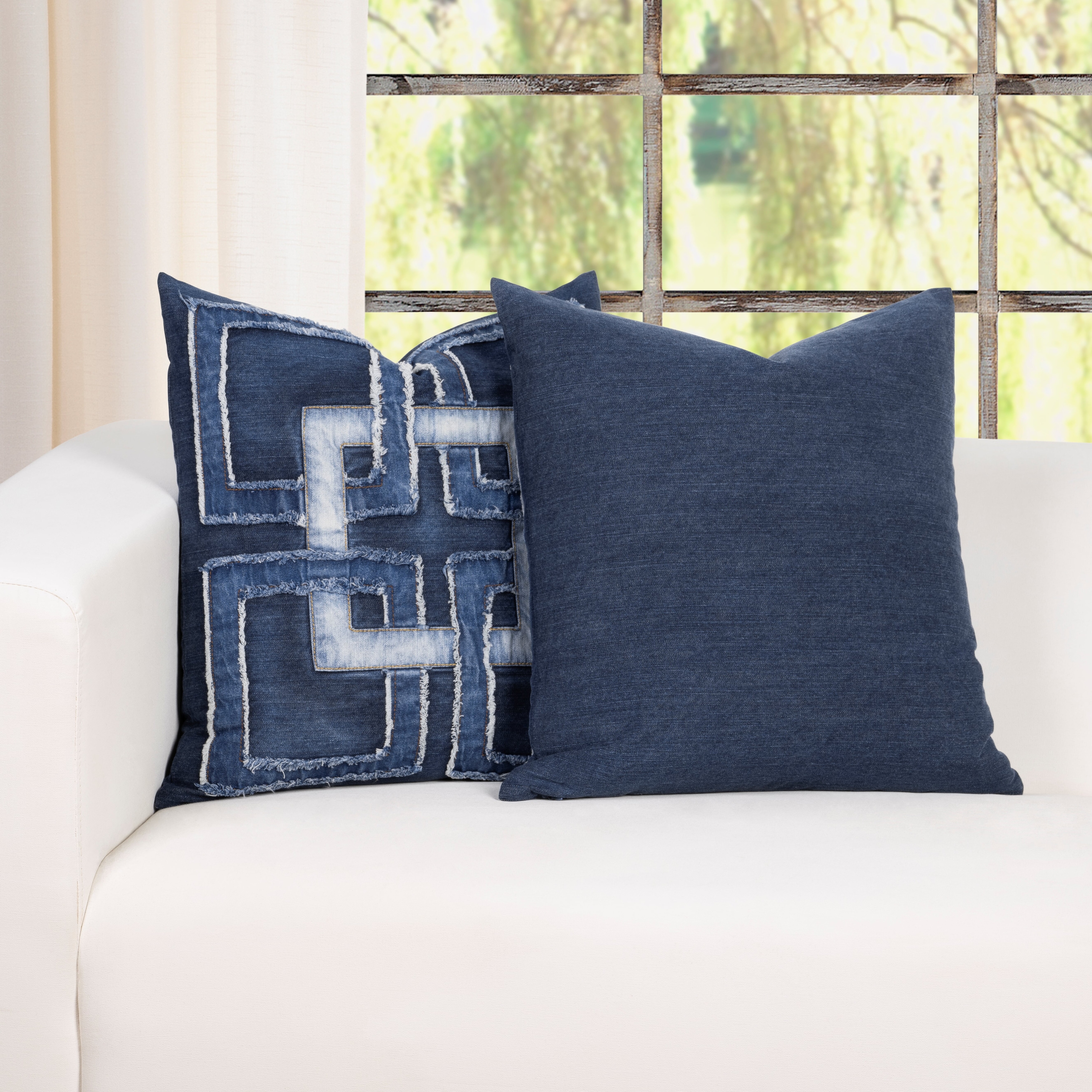 Vintage Washed Denim Throw Pillow with Removable Cover