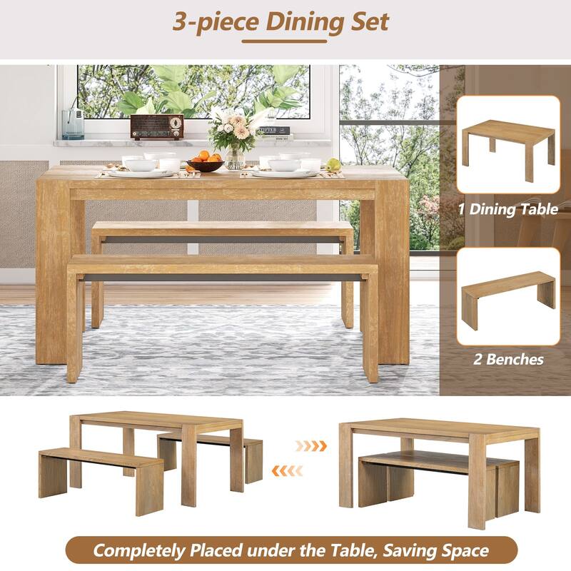 Rectangular 3-Piece Dining Set with Benches, Farmhouse Kitchen Table Set for 6, MDF & Rubber Wood