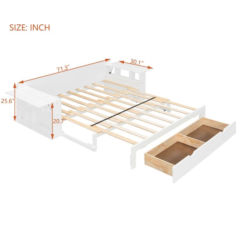 4-in-1 Multifunctional Daybed Storage Bed Frame with Removable Desk, Drawers, Bookcase Shelves and Hydraulic Side Tables