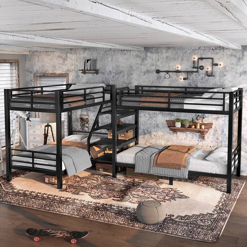 Roomfitters Twin L-Shaped Metal Bunk Bed with Storage Shelves, Space-Saving Corner Frame, Black