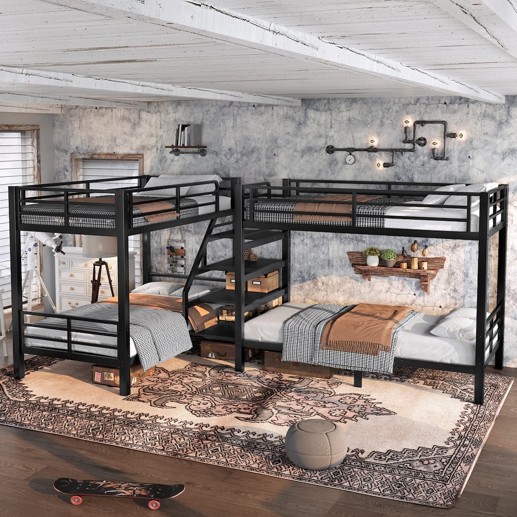 Twin L-Shaped Metal Bunk Bed with Storage Shelves and High-Quality safety Guardrail, Space-Saving