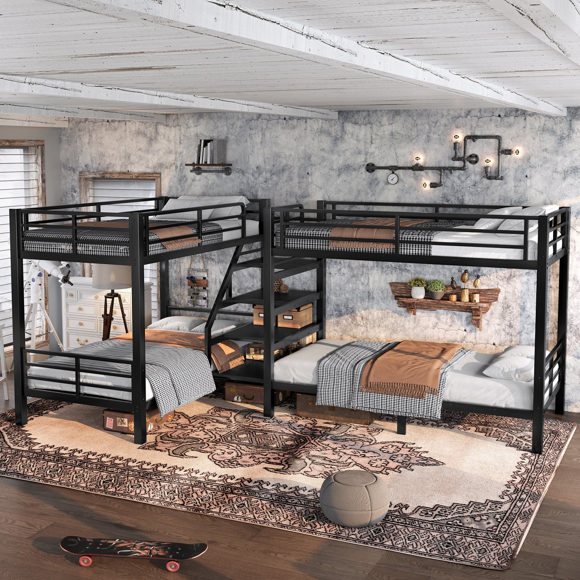 Twin L-Shaped Metal Bunk Bed with Storage Shelves and High-Quality safety Guardrail,Space-Saving
