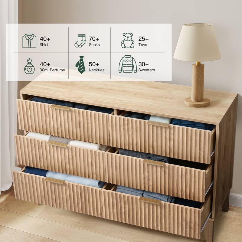 EROMMY Fluted 6-Drawer Dresser – Mid Century Modern Wide Chest with Metal Handles for Bedroom & Living Room