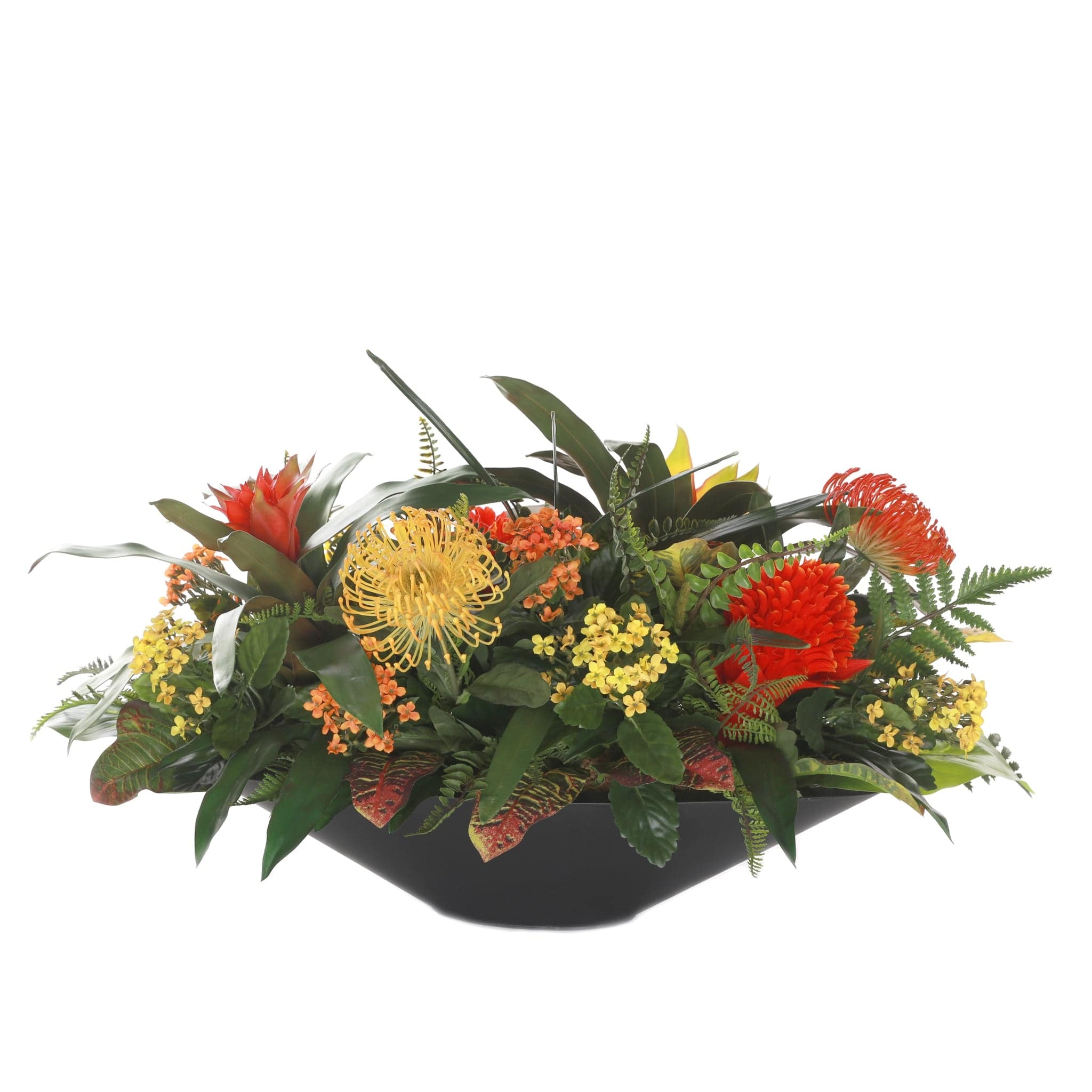 Bromeliad Tropical Flowers Arrangement In Oval Zinc Pot - Red,Yellow ...