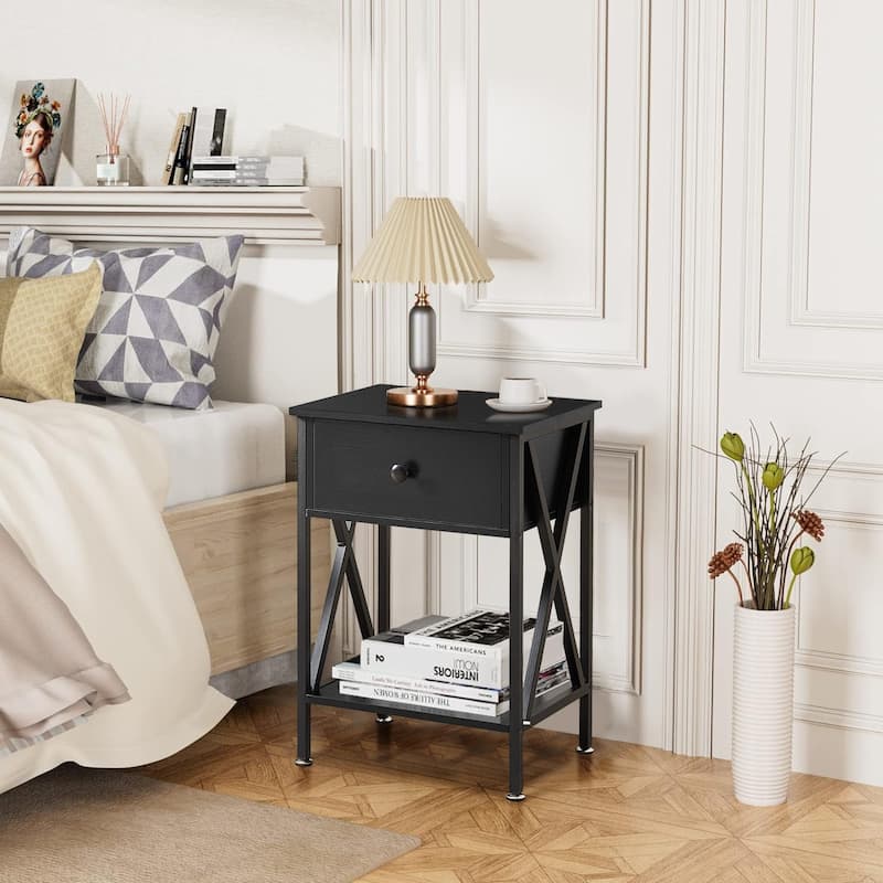 Modern 1-Drawert Nightstands X-Design with Storage Shelf, Set of 2 Nightstands