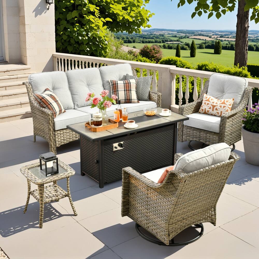 OVIOS 5 Pieces Outdoor Wicker Set with 54" Fire Table