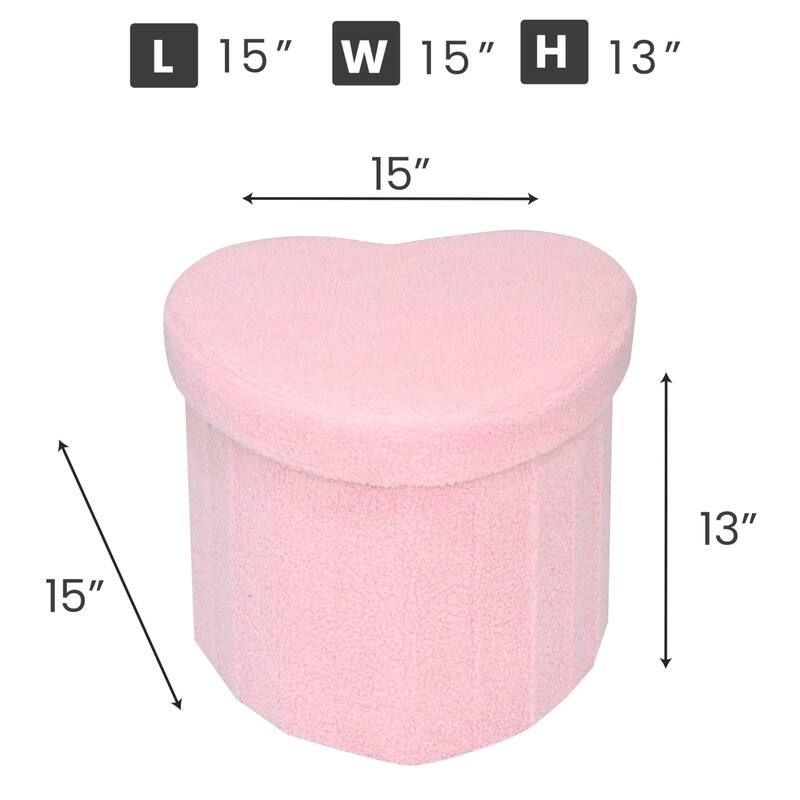 Pink Heart Shap Upholstered Teddy Storage Ottoman Seat for Kids Room