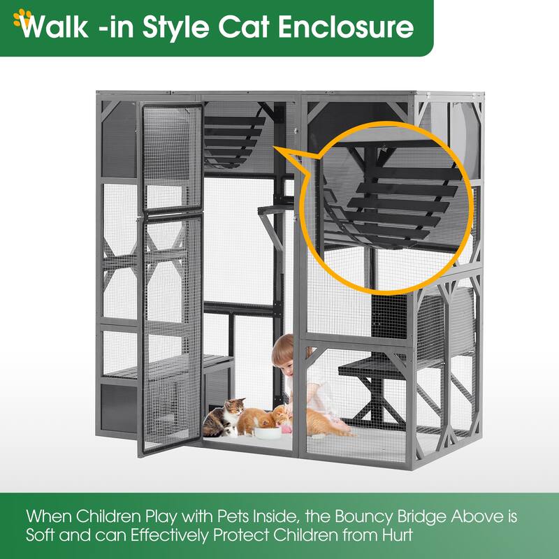 Wood Walk-in Catio Outdoor Cat House Enclosure w/PC Sheet Roof