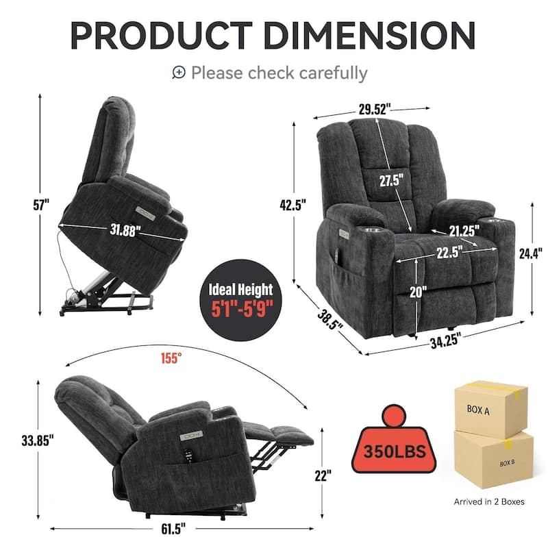 38.5"W Power Lift Recliner Chair with Massage&Heat,Ports,Cup Holders